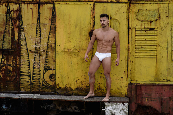 sexy man in white panties with bare torso opens the door of yellow excavator - Zdjęcie, obraz