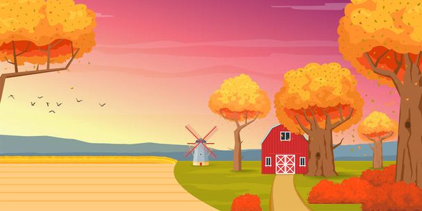 Herbstliche ländliche Landschaft. Scheune, Mühle, Feld und Bäume vor einem Hintergrund von Bergen. Zeichentrickvektorillustration - Vektor, Bild
