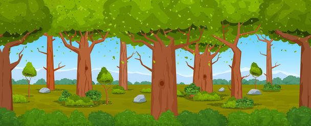 Un fondo horizontal sin costuras de alta calidad con bosque. Árboles, arbustos, hierba y piedras. Dibujos animados vector ilustración
 - Vector, Imagen