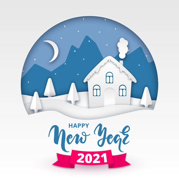Paper cut style winter landscape with snow covered house, trees and lettering with ribbon. Merry Christmas and Happy New Year 2021 vector illustration for web, design, print, greeting card - Вектор, зображення