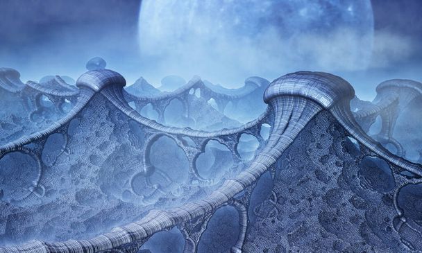 Fantastica immagine 3D della superficie di un altro pianeta con strutture frattali simili a viadotti, con un pianeta sullo sfondo e nuvole all'orizzonte. Illustrazione per un libro fantastico, film
. - Foto, immagini
