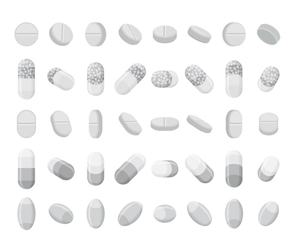 Joukko realistisia pillereitä, tabletteja ja kapseleita. 3D-isometriset litteät lääkkeet. Vector mockups eristetty valkoisella taustalla
. - Vektori, kuva