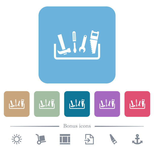 Caja de herramientas iconos planos blancos sobre fondos cuadrados redondeados de color. 6 iconos de bonificación incluidos - Vector, imagen