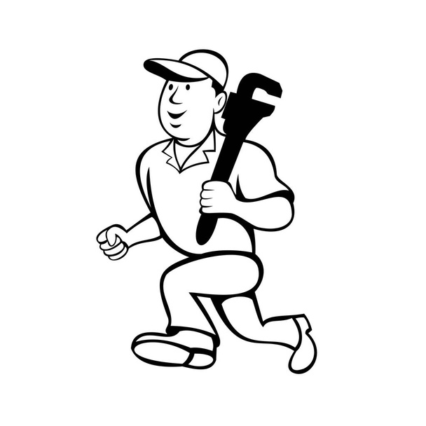 Desenhos animados ilustração de um encanador ou faz-tudo segurando carregando uma chave de macaco e correndo em fundo branco isolado feito em preto e branco
. - Vetor, Imagem