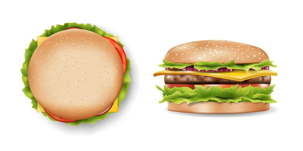 Burger mockup para su diseño, lado de la hamburguesa deliciosa y vista superior. Hamburguesa realista con ingredientes refrescantes. Ilustración vectorial 3d
 - Vector, imagen
