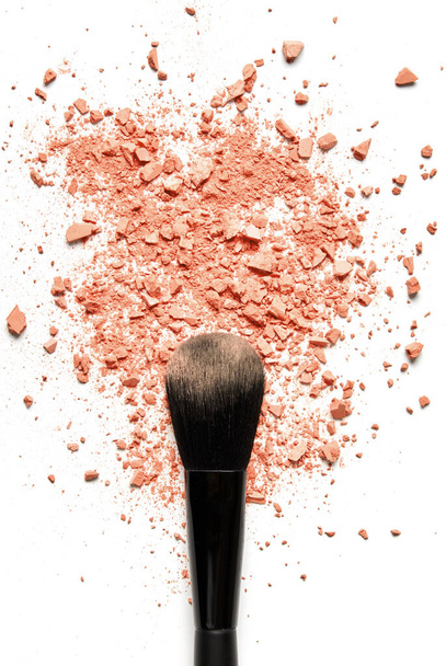 Make-up brush and face powder isolated on white - Photo, Image