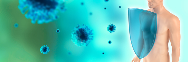 Immunsystem des Menschen, Schutz vor Viren und Bakterien. Der Mensch schützt sich vor dem Coronavirus. Die Immunabwehr kämpft mit Viren. Covid-19. 3D-Darstellung. - Foto, Bild