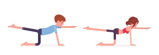 Mladý jogín muž a žena cvičit jógu, Ptačí pes pózovat - Vektor, obrázek