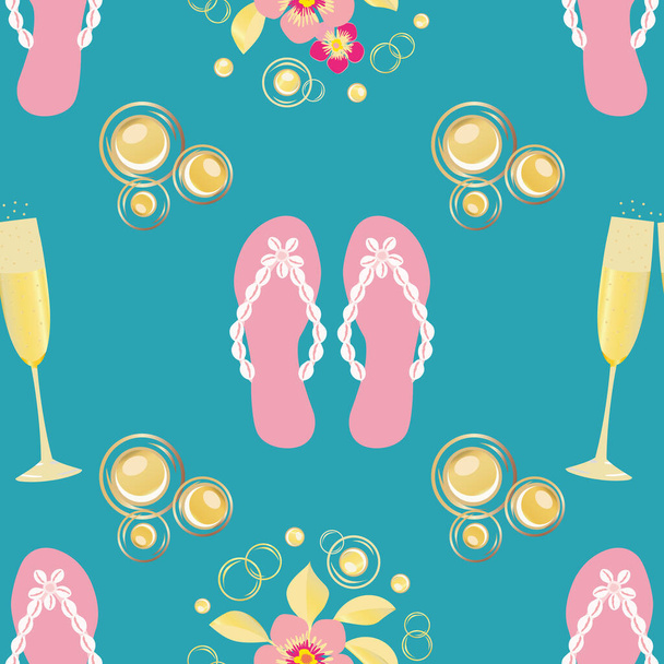 Champagner-Blasen und Flip-Flop-Schuh-Vektor nahtlose Muster Hintergrund. Gläser, Sekt, Sandalen, Blumen vor goldenem rosa aqua-blauen Hintergrund. Überall Druck für Beachhuhn-Party, Feier-Konzept - Vektor, Bild