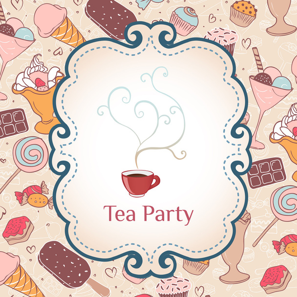 Tea party invitation vintage style frame - Vector, afbeelding