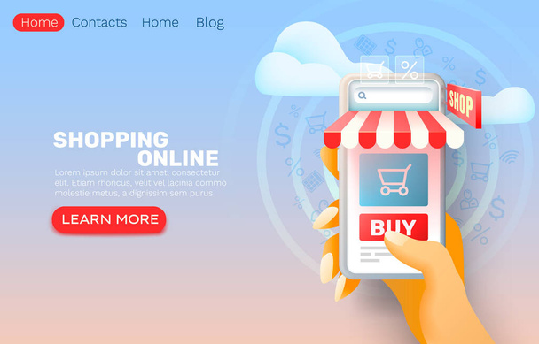 Smartphone shopping online application, web market banner, sale store. - Vetor, Imagem
