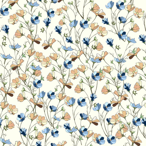 Light seamless pattern with small flowers. An endless field of beige and blue daisies for fabric, bedding, dresses and home textiles. - Vecteur, image