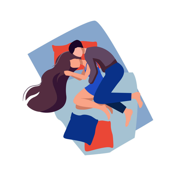 Cute sweet young couple lying in bed and cuddling. Sleep. Night. Characters guy and girl sleeping in bed. Quarantine isolation. Illustration in vector style. Light and soft shades. - Vector, Image