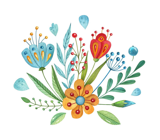 Composição floral pintada à mão aquarela. Fundo floral brilhante com flores de desenhos animados, folhas e bagas
. - Foto, Imagem