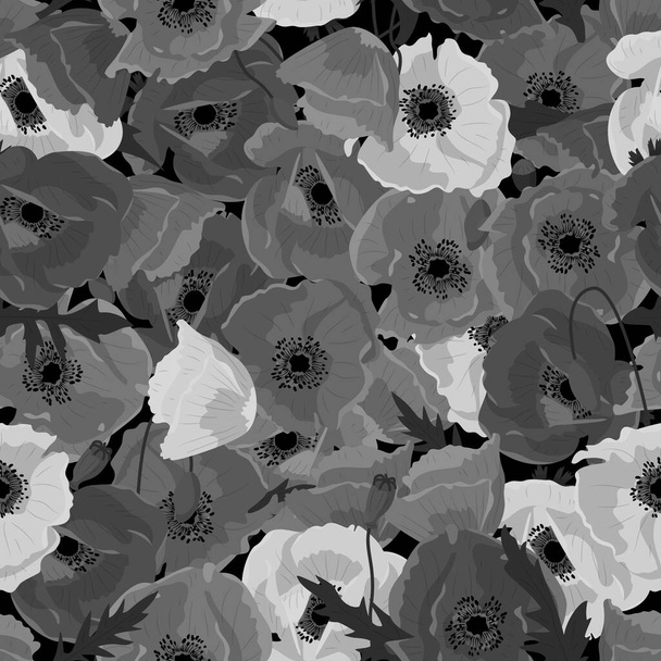Monochromes florales nahtloses Muster mit handgezeichneten Mohnblumen auf weißem Hintergrund. Illustration eines Aktienvektors. - Vektor, Bild
