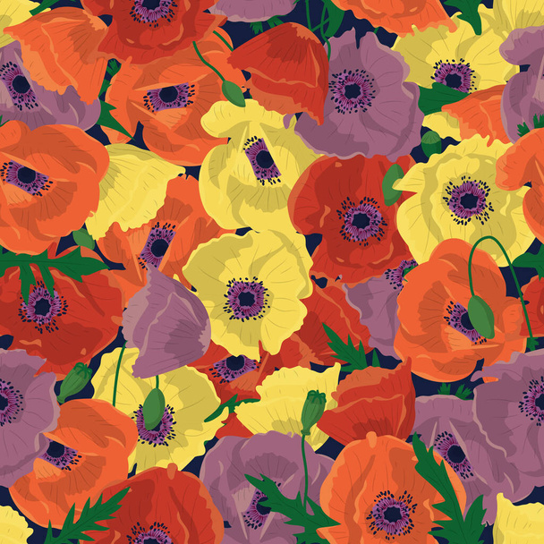 Patrón inconsútil floral colorido con flores de amapola dibujadas a mano sobre fondo blanco. Stock vector ilustración
. - Vector, imagen