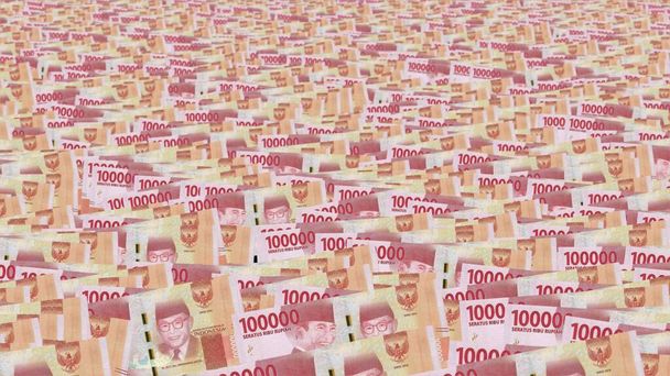 Een achtergrond van keurige rijen van 100000 Indonesische Rupiah. Papiergeld, -valuta of -bankbiljetten van Indonesië. - Foto, afbeelding