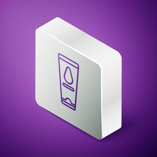 Isometric line Personal lubricant icon isolated on purple background. Lubricating gel. Cream for erotic sex games. Tube with package box. Silver square button. Vector Illustration - Vector, Image