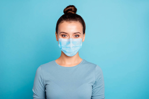 Close up photo of friendly optimistic lady glad pretty isolated dressed modern spring outfit epidemic cold flu protection mask pastel blue background - Fotografie, Obrázek