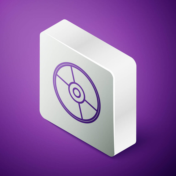 Isometric line CD or DVD disk icon isolated on purple background. Compact disc sign. Silver square button. Vector Illustration - Vector, Image