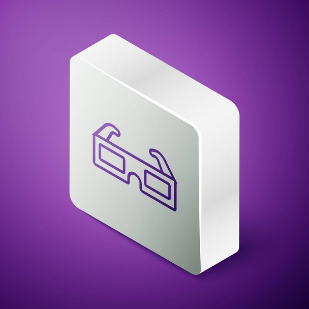 Isometric line 3D cinema glasses icon isolated on purple background. Silver square button. Vector Illustration - Vector, Image