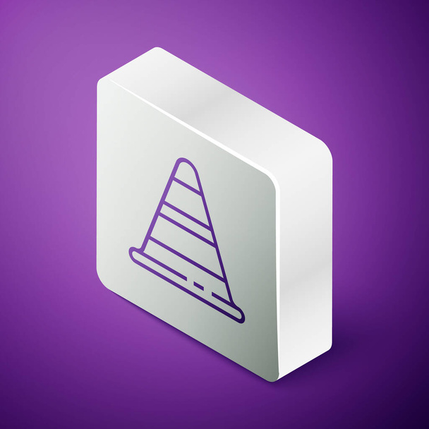 Icono de cono de tráfico aislado sobre fondo púrpura. Botón cuadrado plateado. Ilustración vectorial
 - Vector, imagen
