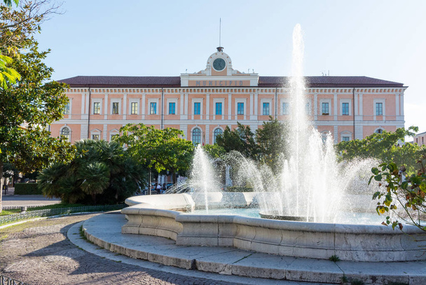 San Giorgio palace, town hall headquarters, Campobasso city in Molise. In the foreground, the fountain in Piazza Vittorio Emanuele II - Photo, Image