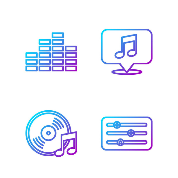Set line Sound mixer controller, Vinyl disk, Music equalizer and Musical note in speech bubble. Gradient color icons. Vector - Vector, Image