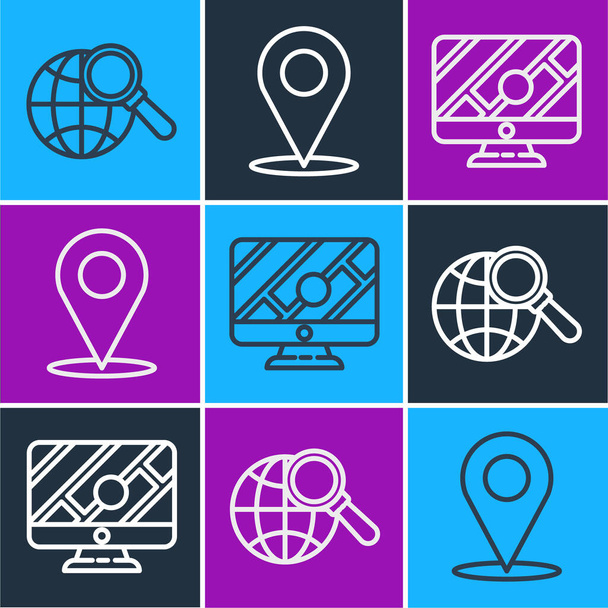 Set line Magnifying glass with globe, Monitor with location marker and Location icon. Vector - Vector, Image