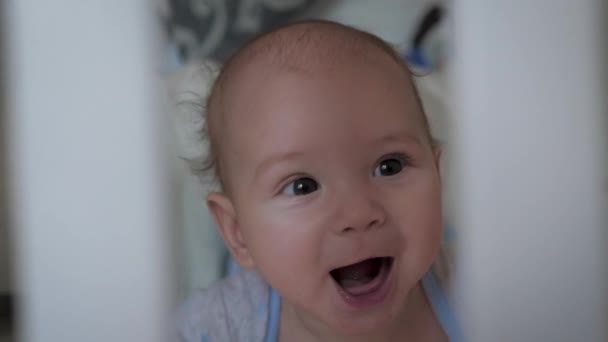 Persistent Smiling Funny Little Baby In Child Crib Tries To Get Up On All Fours - Séquence, vidéo