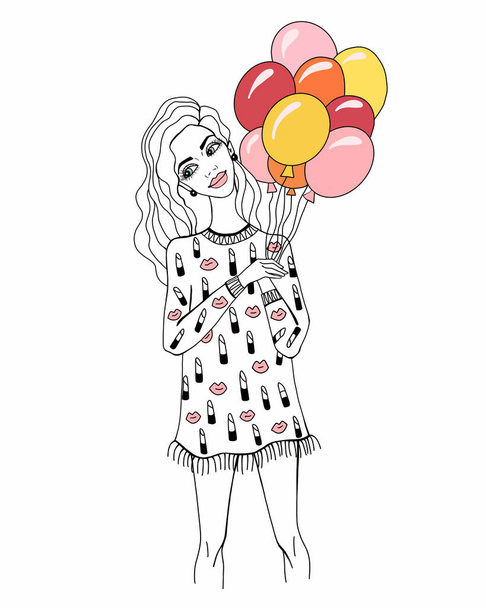Dívka s jasnými balónky v roztomilých šatech, zábavné prázdninové přání. Obrázek na bílém pozadí. Módní ilustrace, svátky. - Fotografie, Obrázek