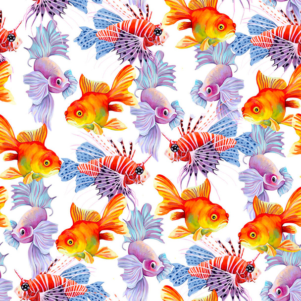 Peces coralinos brillantes, patrón sin costuras, estampado para tela. Papel de envolver, plantilla. Impresión marina
. - Foto, imagen