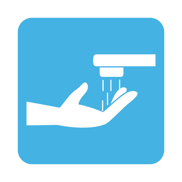 covid 19 mano de prevención de coronavirus con el proceso de desinfección del grifo de lavado icono de estilo de bloque
 - Vector, imagen