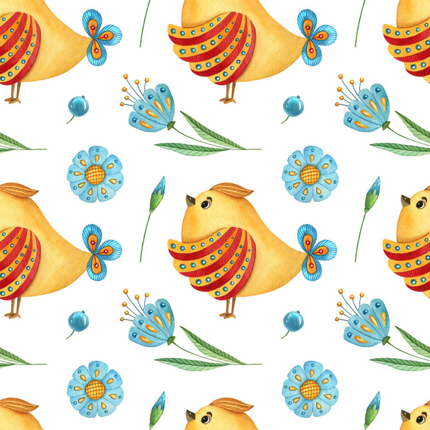 Aquarell nahtloses Muster mit Vögeln und Blumen. Nette handgezeichnete Illustration für Textilien, Scrapbooking, Kinderzimmer, Kinderverpackung, Poster, Print und Kinderdekor. - Foto, Bild