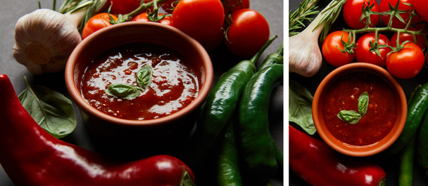 collage of basil leaves in tomato sauce near red cherry tomatoes, rosemary, garlic and chili peppers on black - Zdjęcie, obraz
