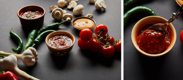 collage van kommen met tomaten- en mosterdsauzen bij rijpe en verse groenten op zwart - Foto, afbeelding