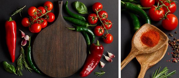 collage de planches à découper en bois près de tomates cerises mûres, gousses d'ail, romarin, piments verts et cuillères avec poudre de paprika sur fond noir
 - Photo, image