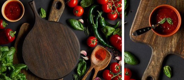 collage of red cherry tomatoes, tomato sauce in bowls, peppercorns, herbs and green chili peppers near cutting boards on black - Photo, Image