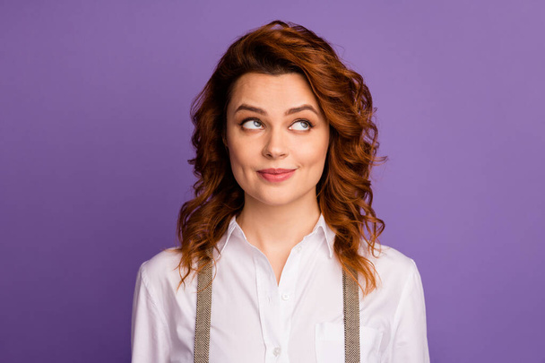 Closeup photo of pretty funny curly foxy lady cheerful person good mood casino dealer look interested side empty space wear white shirt suspenders isolated purple color background - Foto, Bild
