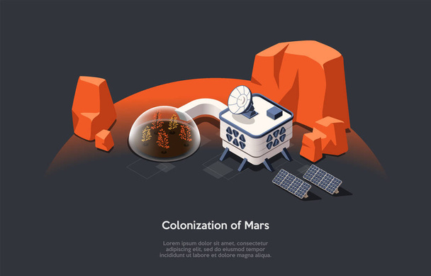 Isométrico Concepto 3D de Misión de Colonización de Marte y Turismo Espacial. Futuristic Space Home, Garden Under Dome with Alternative Energy Sources (en inglés). Adaptación de la gente en Marte. Ilustración de vectores de dibujos animados
 - Vector, imagen