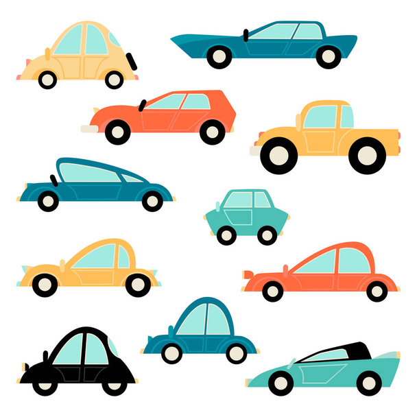 Set of funny cartoon cars. Toy cars design in a flat style. - Vector, Image