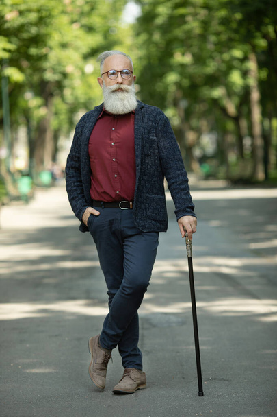 Content senior man with a beard and wearing glasses outdoor. - Фото, изображение