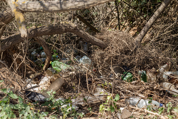 Vysypané odpadky na pláži velkoměsta. Prázdné použité špinavé plastové láhve. Špinavé moře, písčité pobřeží Černého moře. Znečištění životního prostředí. Ekologický problém. Plastový odpad u moře - Fotografie, Obrázek