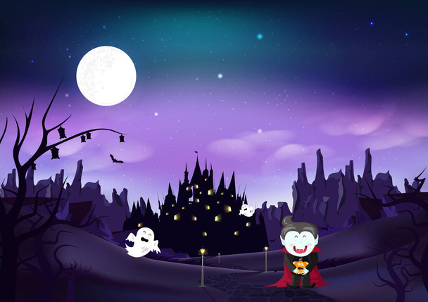 Halloween wenskaart, feest nodigt, Dracula houden pompoen, spookachtige, magische fantasie wonder silhouet paleis nacht scène, woestenij achtergrond vector illustratie - Vector, afbeelding