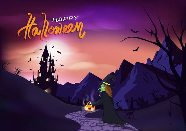 Happy Halloween, poster invitation greeting card, witch and cat walk to castle, fantasy concept horror story pink pastel background vector illustration - Vector, Image