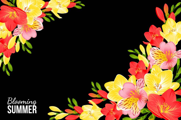 BLACK BANNER WITH FREESIA AND ALSTROEMERIA IN VECTOR - Вектор,изображение
