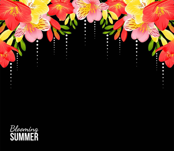 BLACK BANNER WITH FREESIA AND ALSTROEMERIA IN VECTOR - Vector, Image