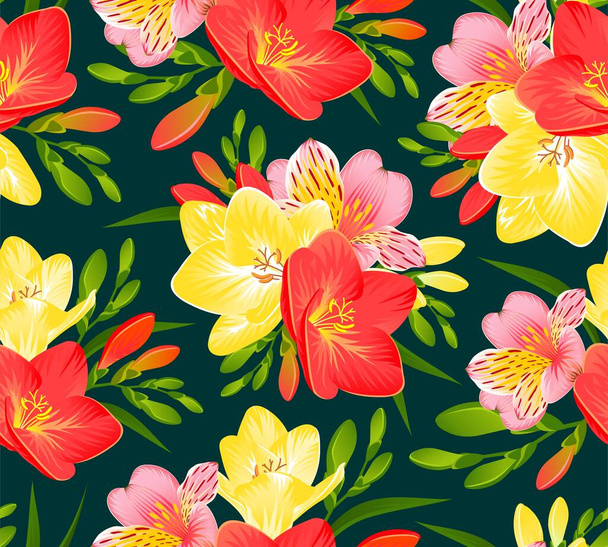 SEAMLESS PATTERN WITH FREESIA AND ALSTROEMERIA FLOWERS ON A DARK BACKGROUND - Διάνυσμα, εικόνα