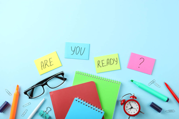 Composition on the theme "are you ready for exams" on a colored background top view - 写真・画像