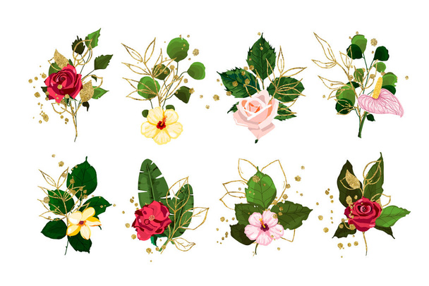 Arany levelek zöld trópusi ág növények piros rózsaszín rózsa virágok esküvői csokor arany fröccsenés. Virágos lombozat vektor illusztráció elrendezése akvarell stílusú esküvői meghívó kártya - Vektor, kép